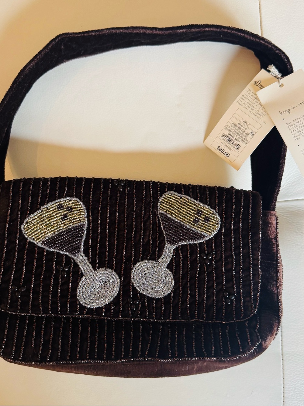 a new day Brown Velvet Shoulder Bag with Beaded Cocktail Design